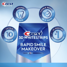 Set 11x Benzi Albirea Dintilor, Crest, 3D White, Rapid Smile Makover, 10% Concentratie, Tratament 14 zile, 45 min, Nivel Albire  2