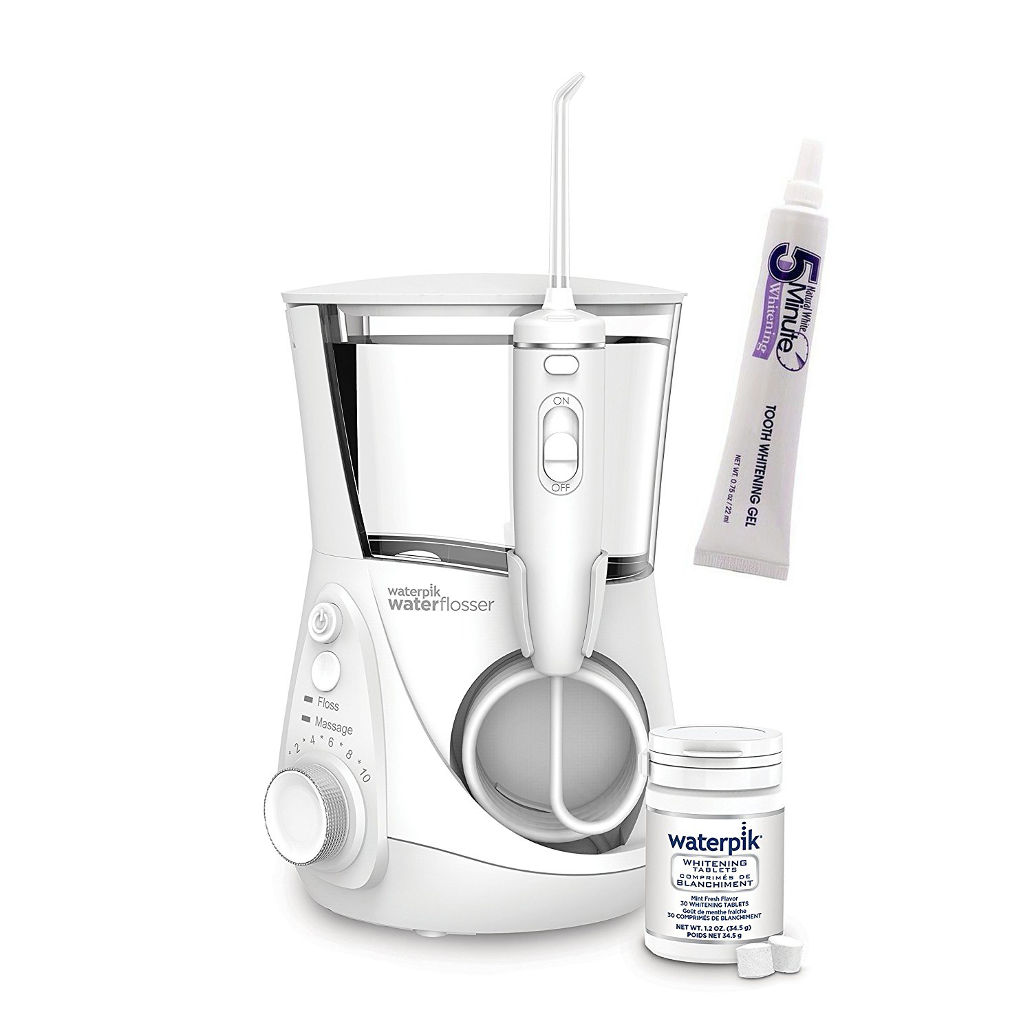 Dus Bucal, Waterpik WF-06, Efect Albire, 4 Varfuri Incluse, 30 Tablete de Albire, 1400 pulsatii/min, 5 Trepte Viteza + Gel Albire Dinti