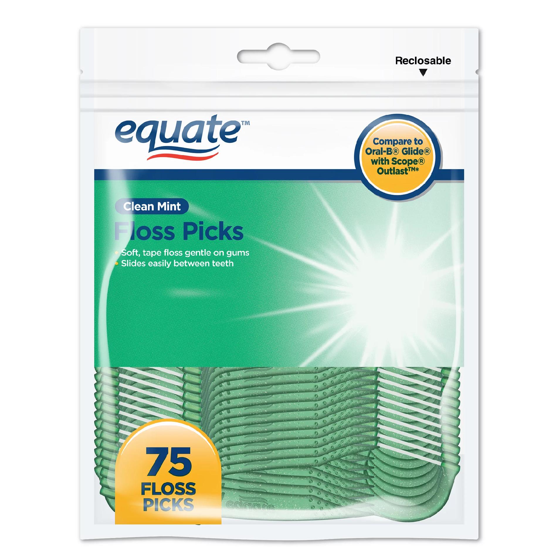 Set Ata Dentara, Equate, Clean Mint Floss Picks, Tip Scobitoare, Curatare Rapida, Cerata cu Alunecare Usoara, Fibra Rezistenta, 75 buc