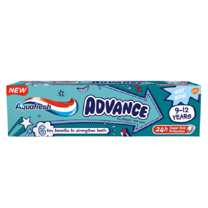 Pasta de Dinti pentru Copii, Aquafresh, Advance, pentru Intarirea Smaltului, Impotriva Cariilor, Varsta 9+, cu Fluor, Aroma Menta, 75ml