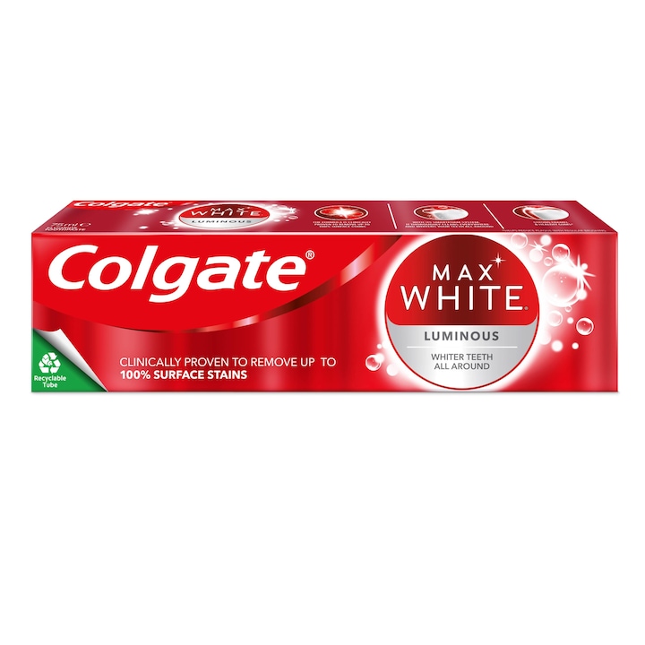 Pasta de Dinti, Colgate, Max White, Luminous, Efect de Albire a Dintilor, cu Fluor, Aroma Menta, 75ml