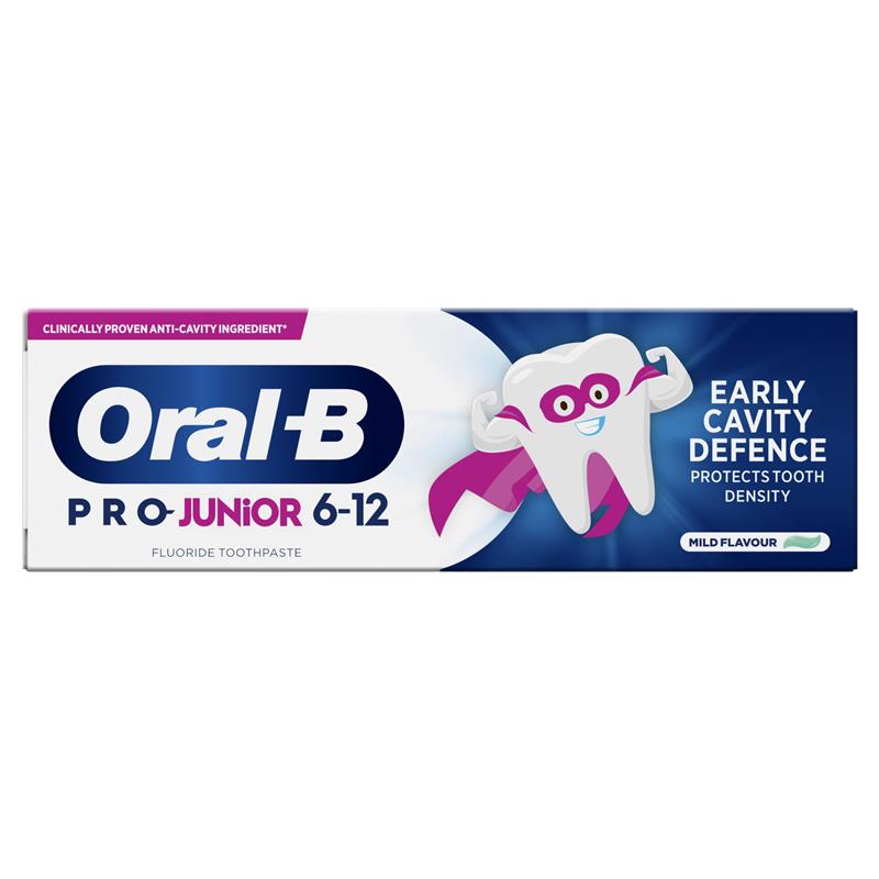 Pasta de Dinti, Oral-B, Pro-Junior, Early Cavity Defence, pentru Intarirea Smaltului, Varsta 6-12 ani, cu Fluor, Aroma Menta, 75ml